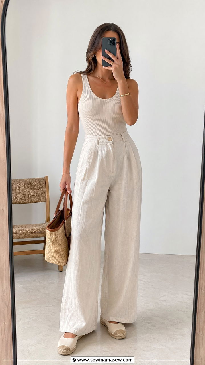 Ribbed Tank with Wide Leg Linen Pants and Espadrilles - 35 summer comfortable outfit ideas