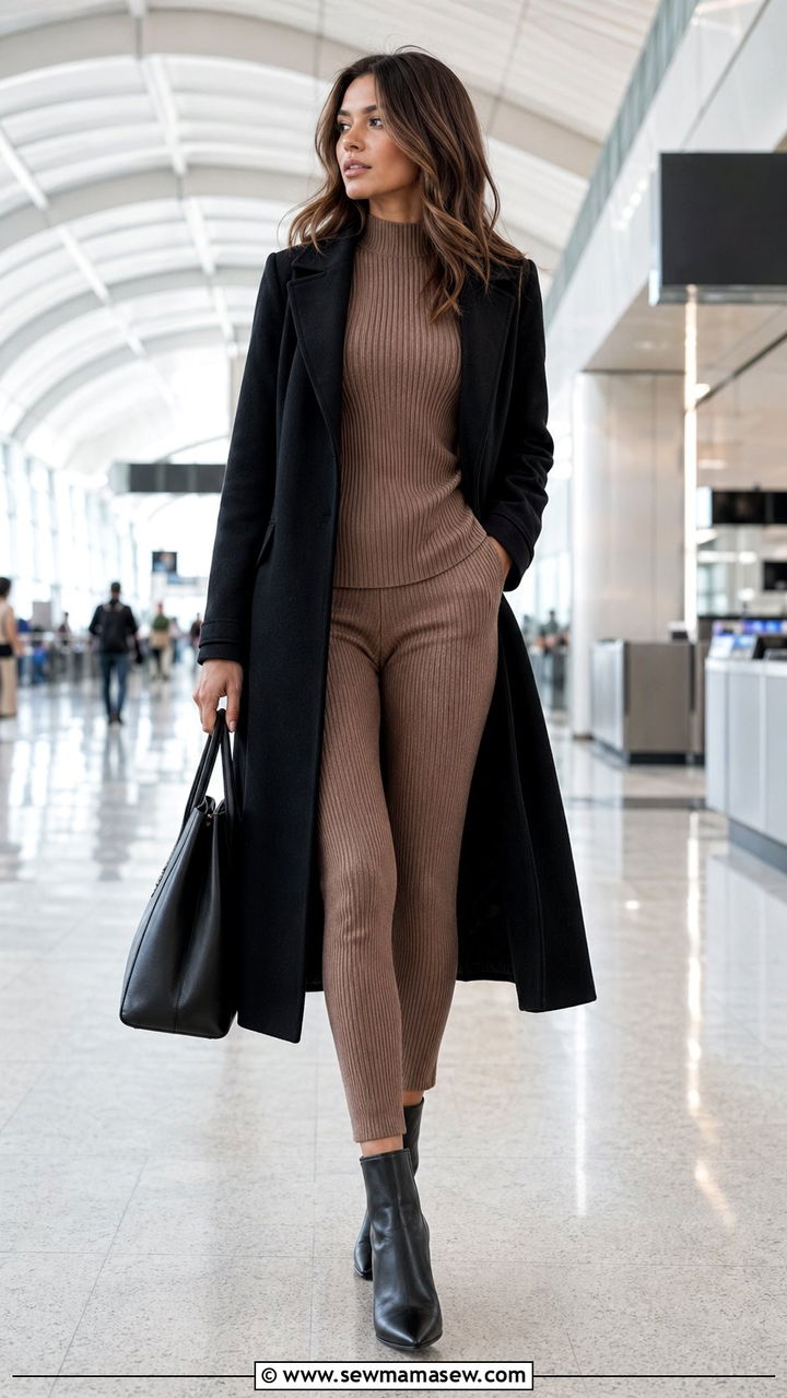 Ribbed TwoPiece Set with a Long Wool Coat - 30 Airport outfit ideas for red eye flight