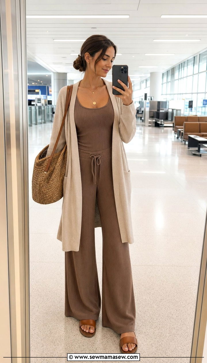 Ribbed Wide Leg Pants and Tank Airport Outfit - 30 Airport outfit ideas with wide leg pants