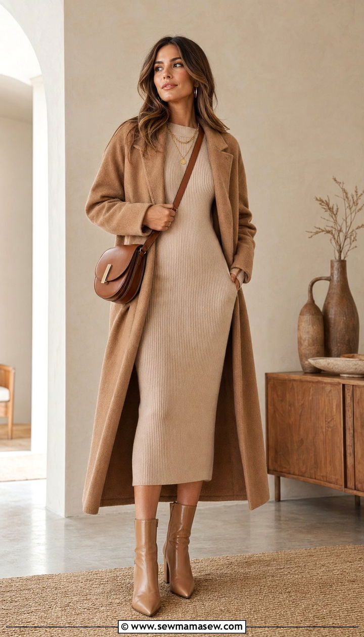 Ribbed knit dress with camel coat and gold jewelry outfit - 35 Quiet luxury outfit ideas