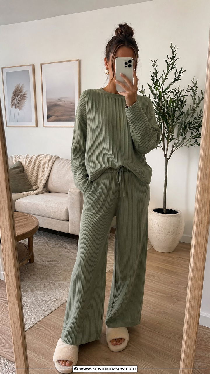 Ribbed knit lounge set in sage green - 35 Chic loungewear outfit ideas