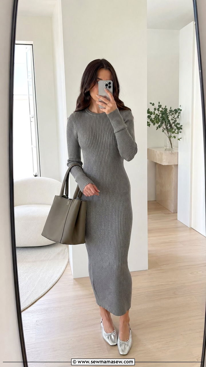 Ribbed knit midi dress with ballet flats and tote bag - 35 spring teacher outfit ideas