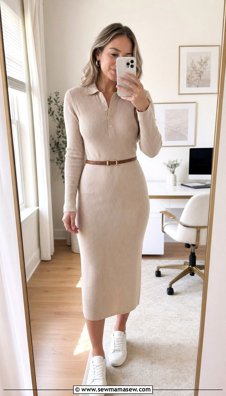 Ribbed knit midi dress with belt and sneakers outfit - 30 Athleisure outfit ideas for work from home