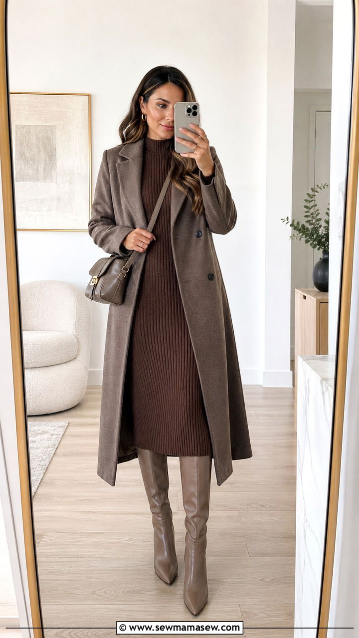 Ribbed knit midi dress with knee high boots outfit - 30 romantic capsule wardrobe outfits