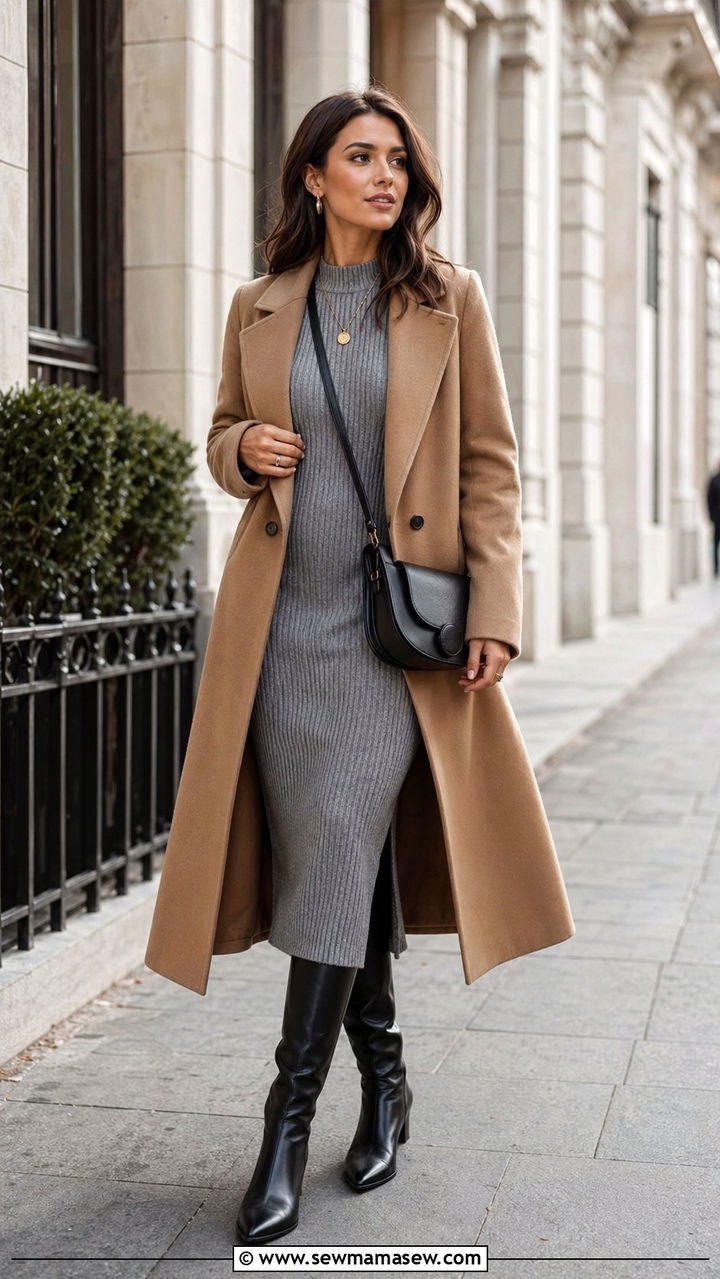 Ribbed knit midi dress with structured wool coat outfit - 35 quiet luxury outfits ideas