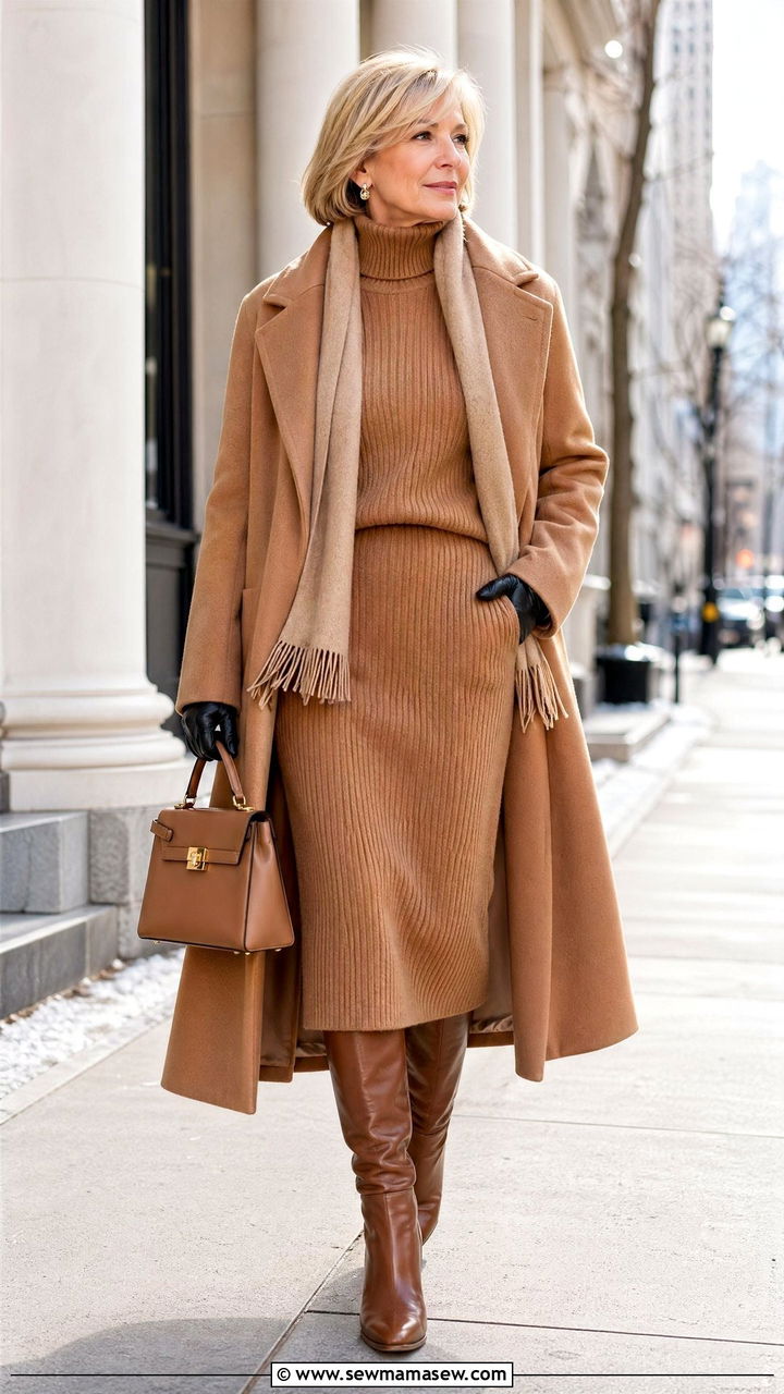 Ribbed knit midi skirt with wool coat - 35 Skirt outfit ideas for women over 50