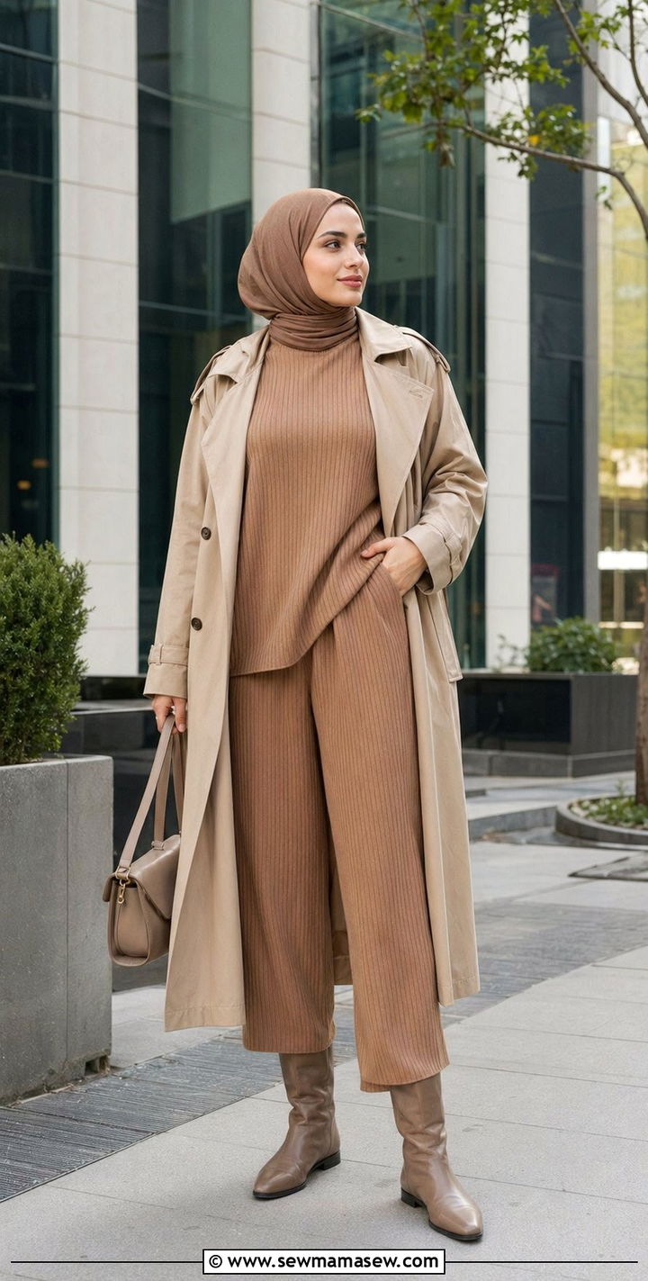 Ribbed knit set with trench coat - 35 Modest outfit ideas for Muslim women