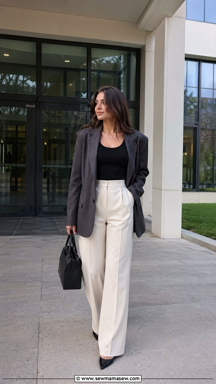 Ribbed knit tank with oversized blazer and tailored trousers - 35 cute college outfits