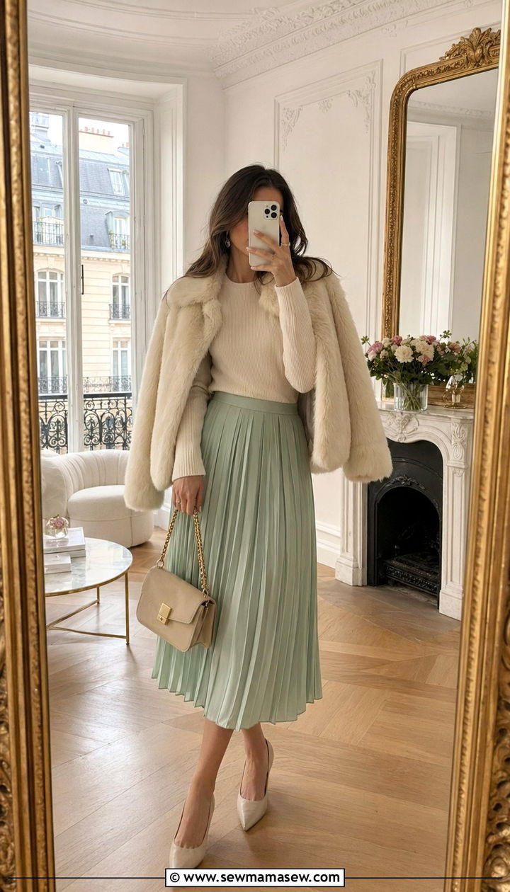 Ribbed knit top with a pleated midi skirt - 35 Parisian outfit ideas 2026