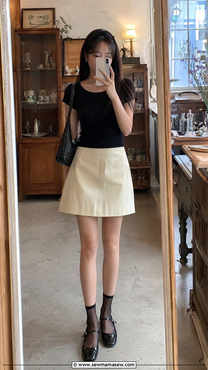 Ribbed knit top with an A line mini skirt - 35 Seoul vacation outfit ideas