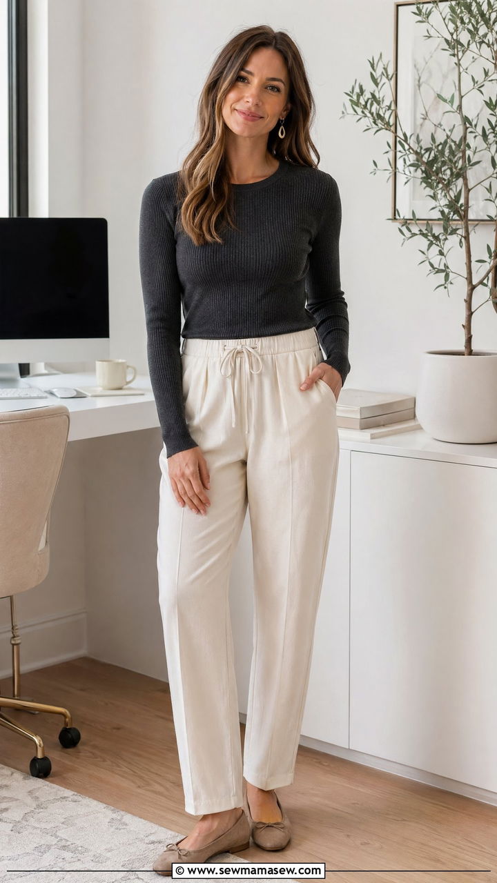 Ribbed knit top with drawstring trousers outfit - 35 spring work from home outfit ideas