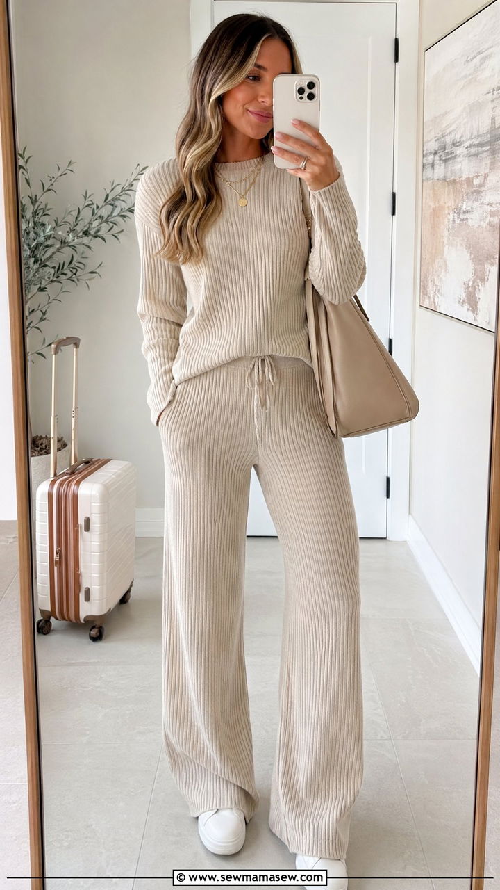 Ribbed knit two piece wide leg pants set - 35 wide leg pants outfits