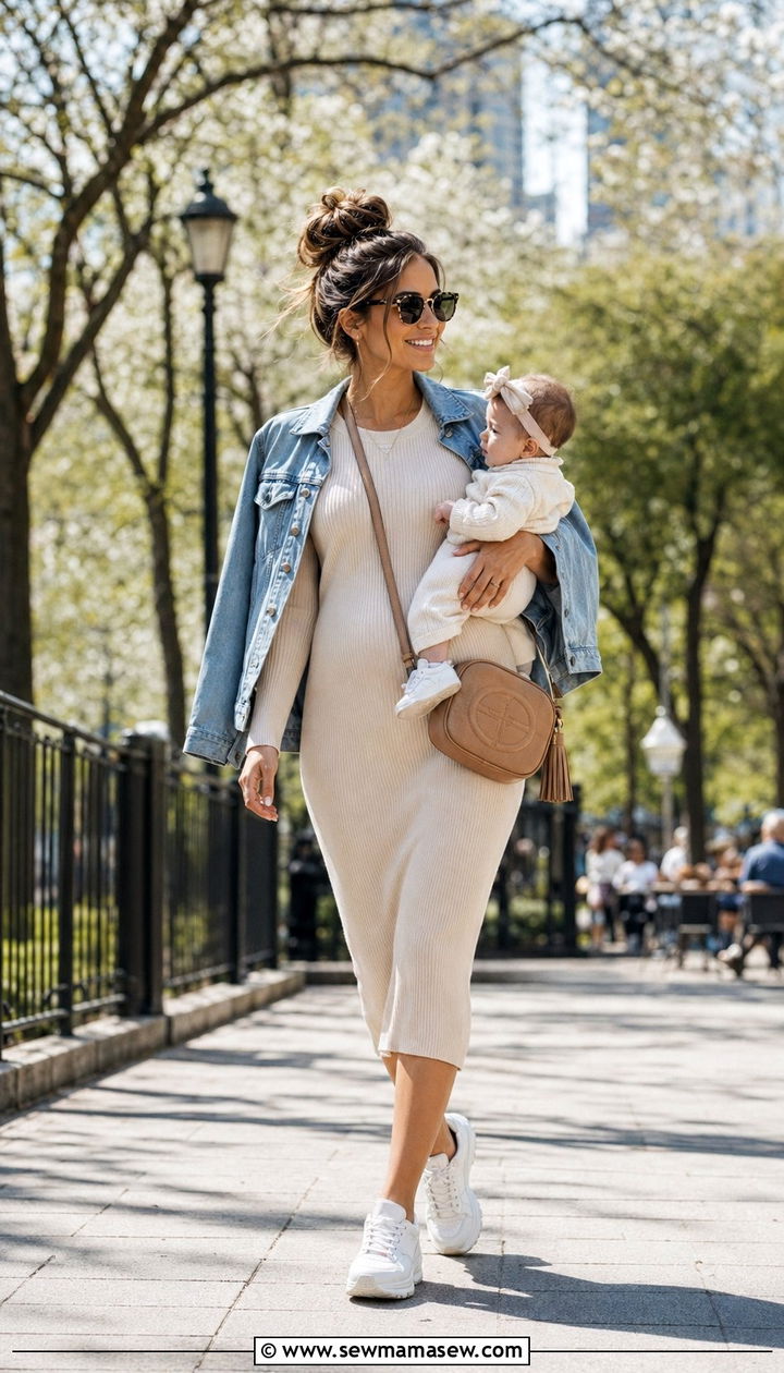 Ribbed midi dress and sneakers outfit - 35 Outfit ideas for new moms