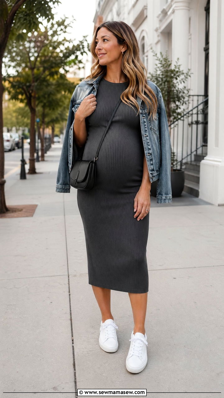 Ribbed midi dress and sneakers outfit - 35 Casual outfits for moms