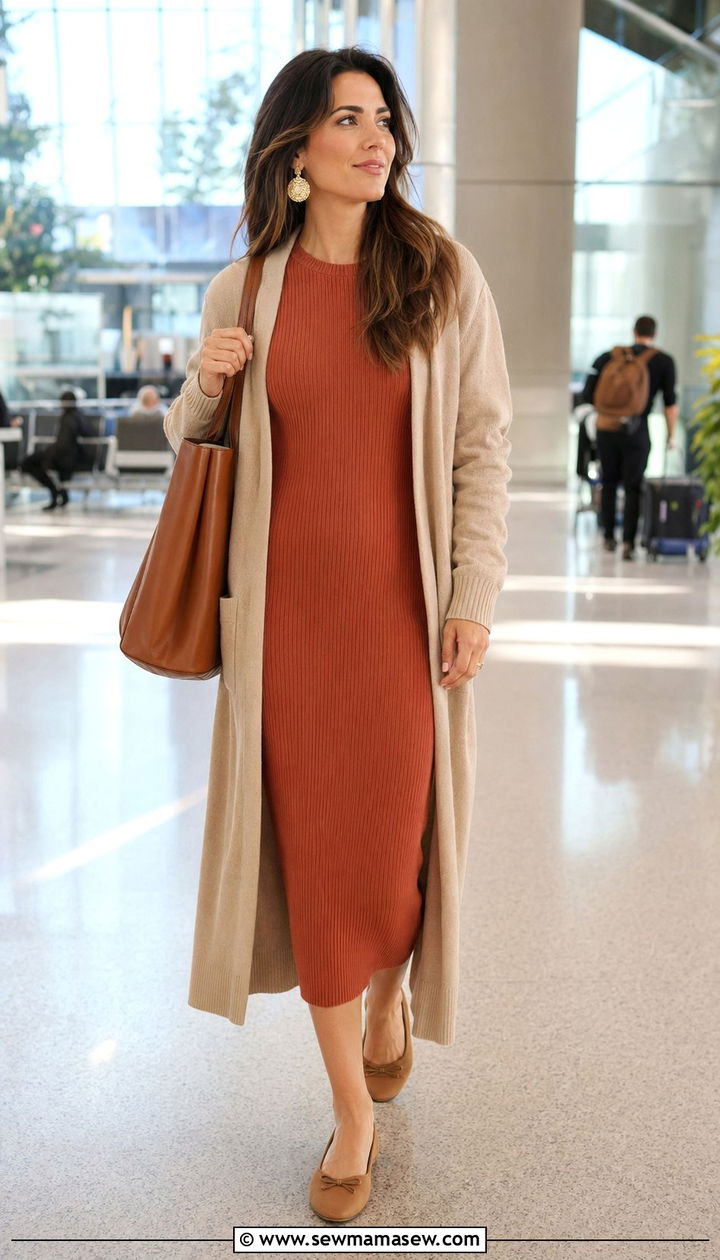 Ribbed midi dress with long cardigan and ballet flats - 30 Airport outfit ideas with ballet flats