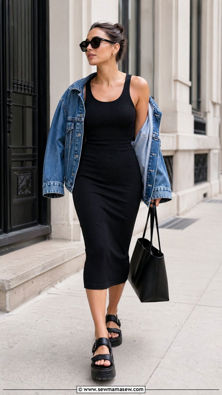 Ribbed tank dress with chunky sandals - 35 summer simple outfit ideas