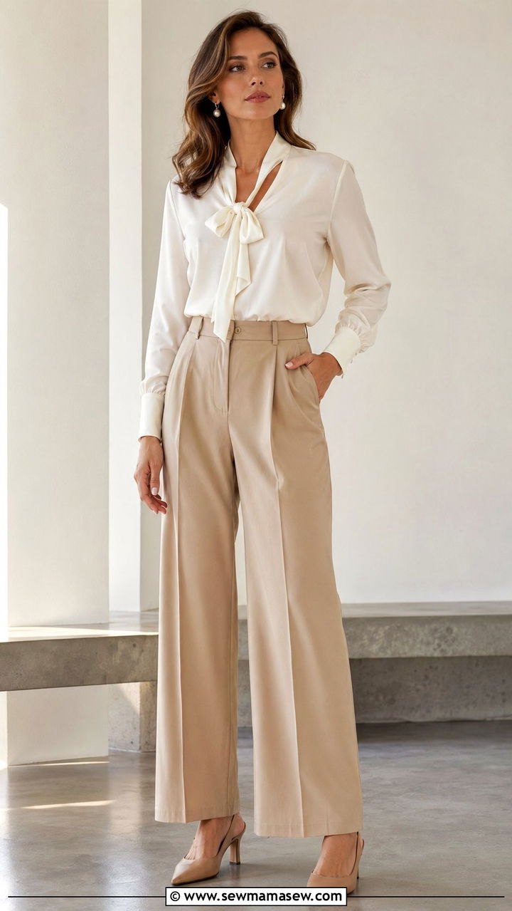 Ribbon Tie Blouse And Wide Leg Pants - 35 romantic outfits ideas