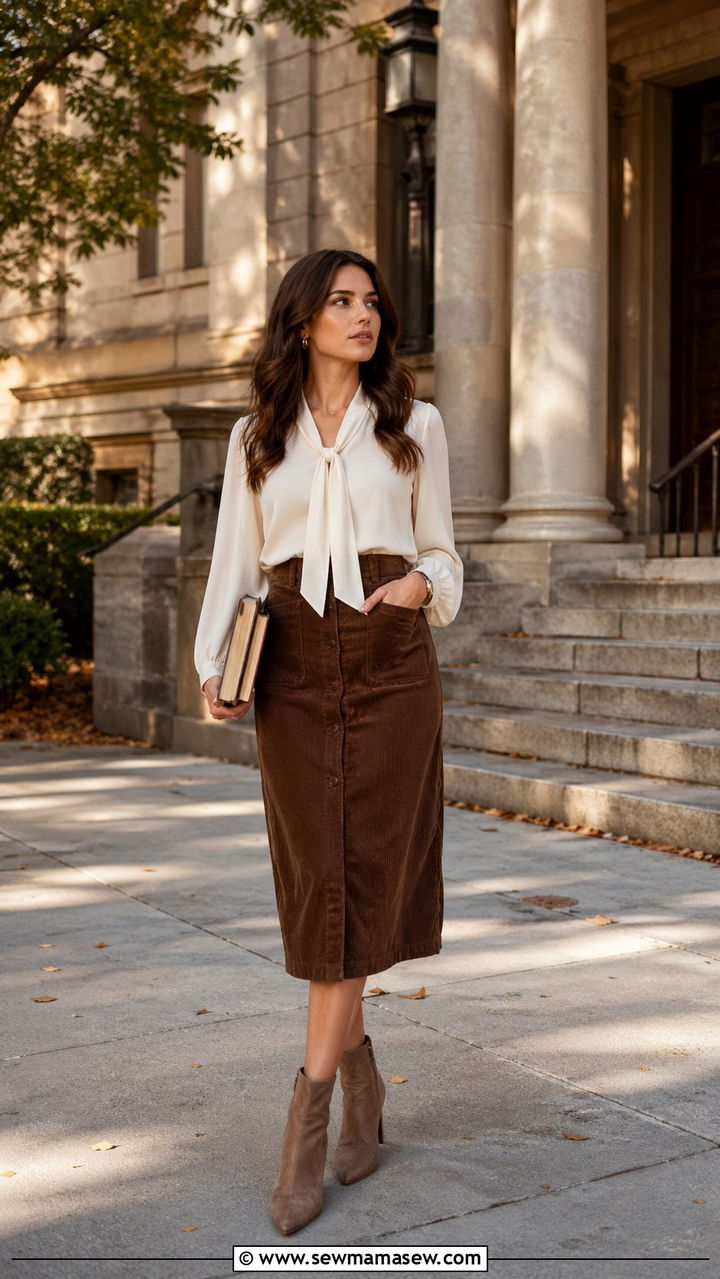 Ribbon Tie Blouse With Corduroy Skirt - 30 spring cottagecore outfits