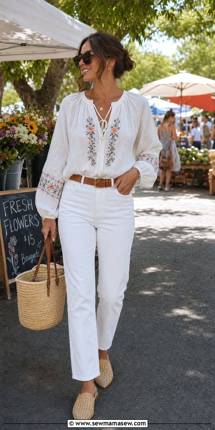 Ribbon Tie Peasant Blouse With White Jeans - 35 Romantic summer outfits