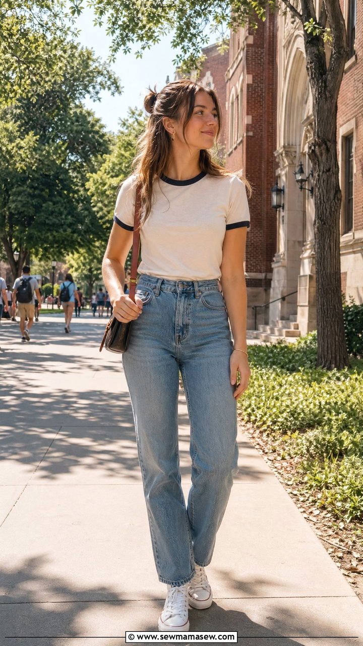 Ringer Tee and High Waisted Jeans Outfit - 35 Trendy outfits for college girls