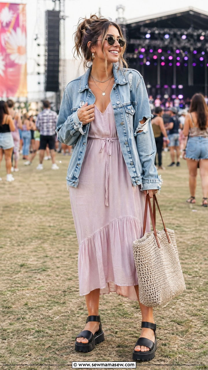 Ripped Denim Jacket And Cotton Midi Dress - 35 spring everyday outfit ideas
