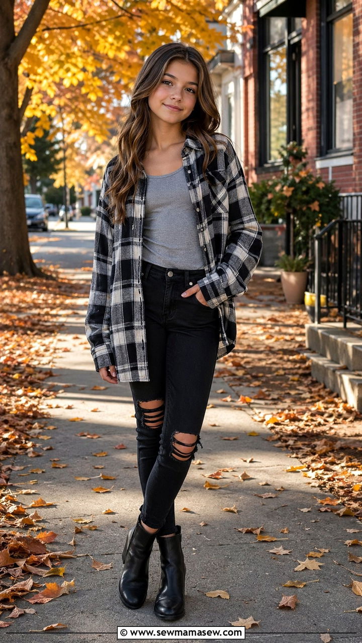 Ripped Skinny Jeans With Plaid Shirt and Ankle Boots - 30 Back to school outfit ideas middle school 2026