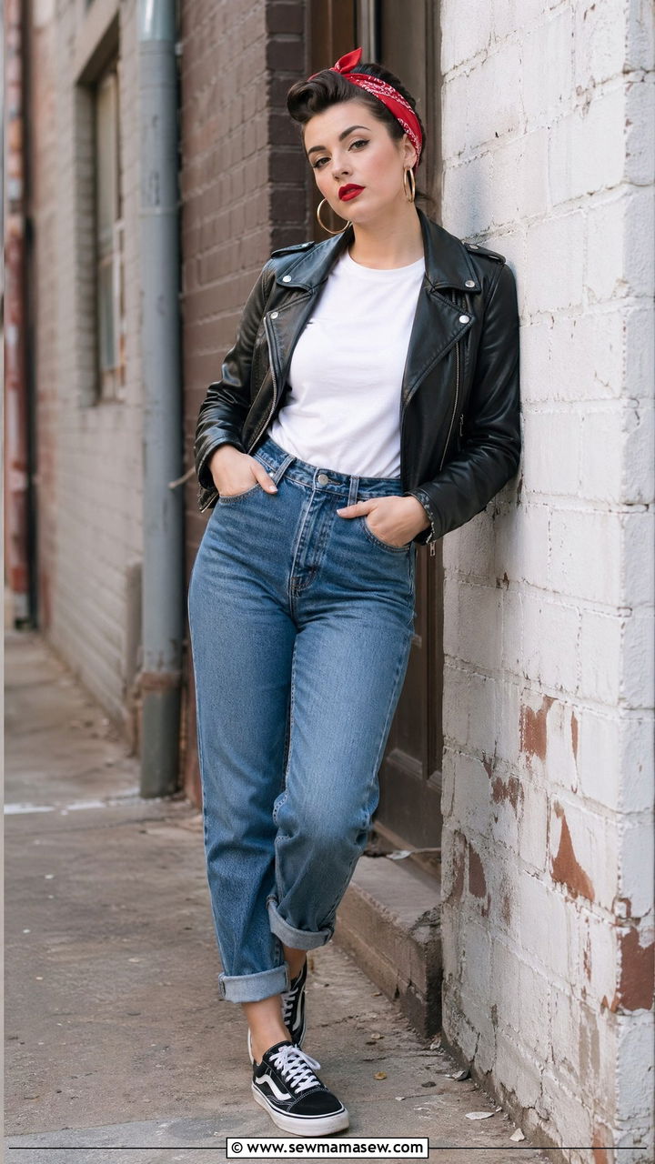 Rockabilly Jeans with Leather Jacket - 35 Vintage 50s outfit ideas