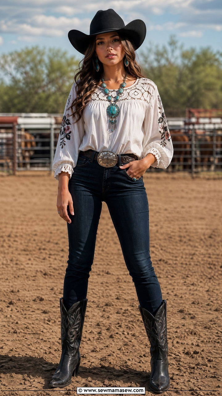 Rodeo outfit with turquoise jewelry and hat - 35 Country outfit ideas