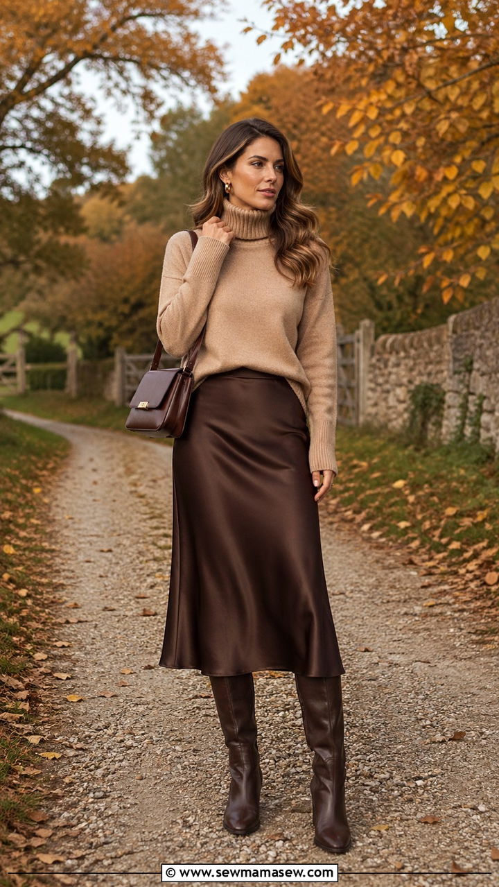 Roll Neck Sweater With Slip Skirt and Riding Boots - 30 slip skirt outfit ideas for women