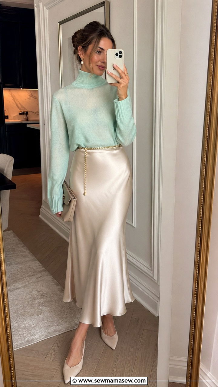 Roll Neck Sweater with Satin Slip Skirt - 30 spring light sweater outfit ideas
