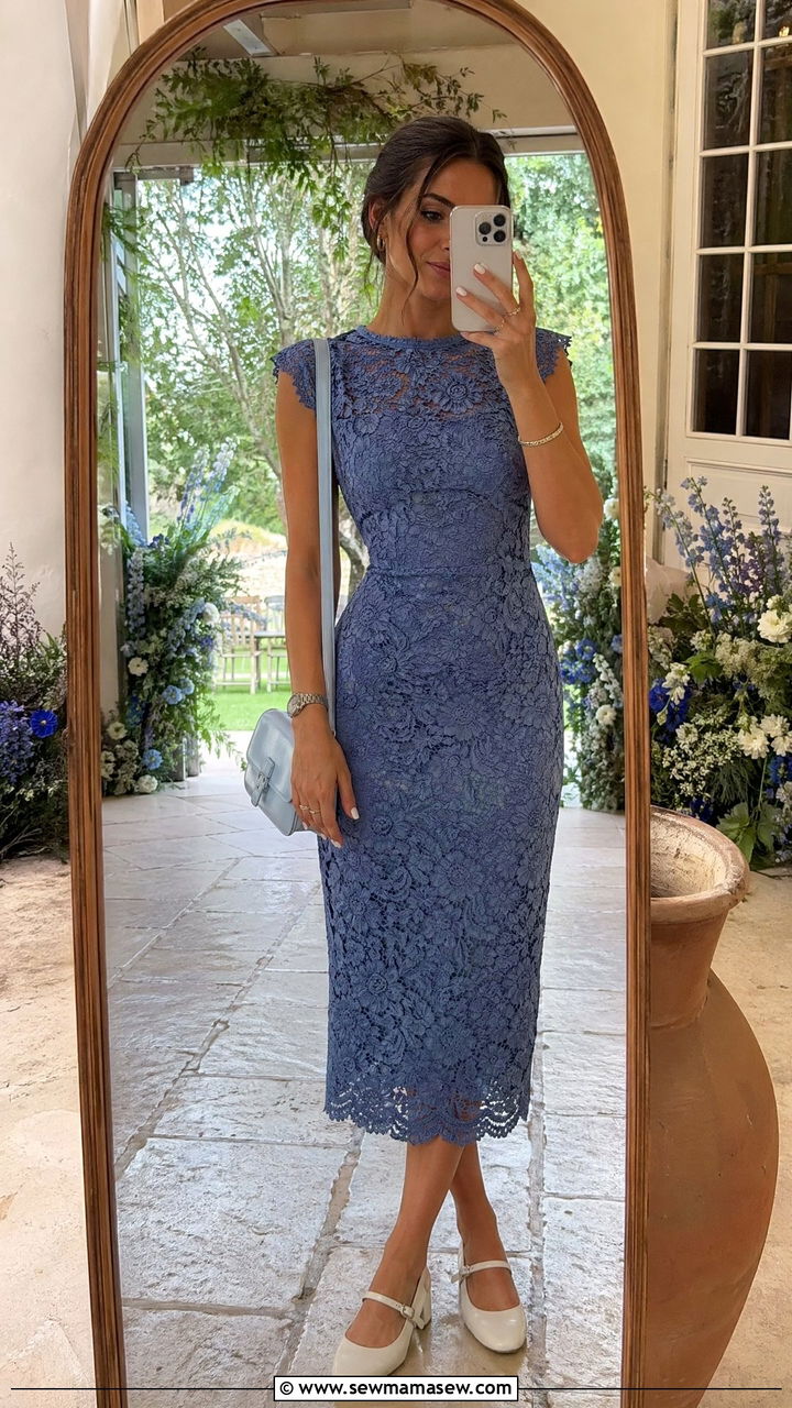 Romantic Blue Lace Midi Dress With White Heels - 35 Wedding guest outfit ideas 2026