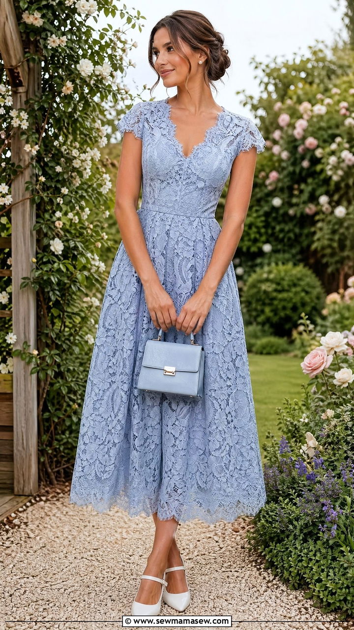 Romantic Blue Lace Midi Dress with White Accessories - 35 chic wedding guest outfits for women