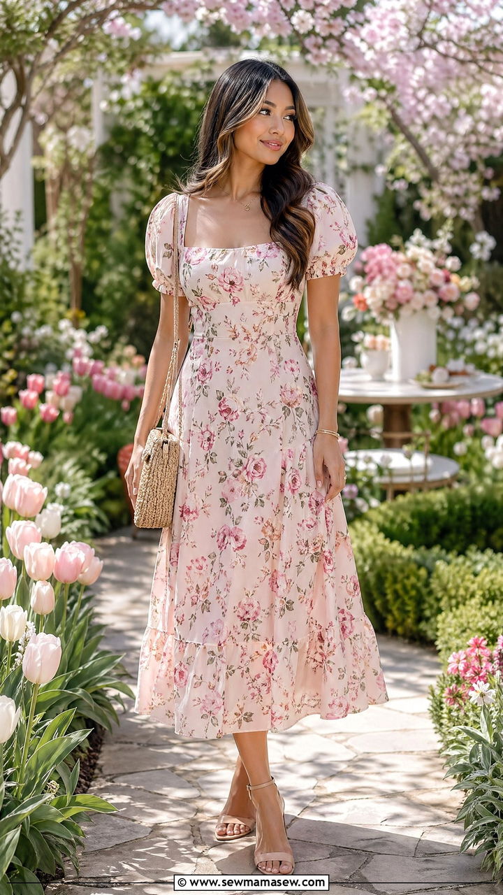 Romantic Floral Midi Dress Spring Outfit - 35 spring romantic outfits