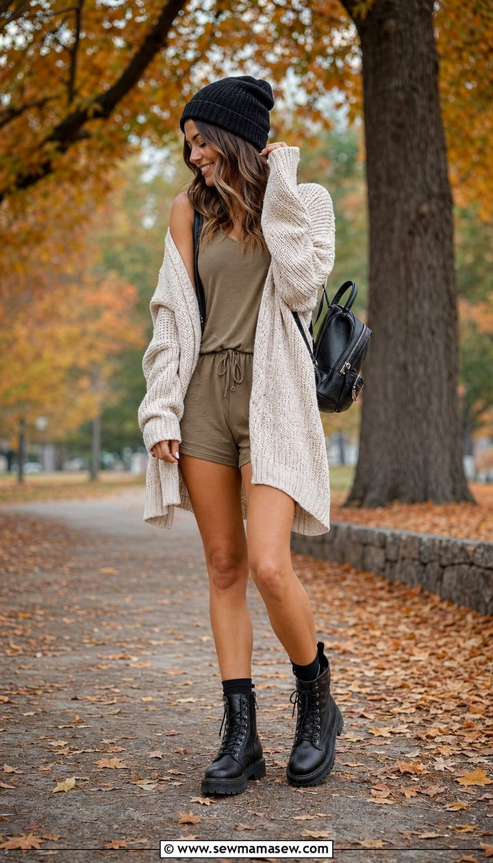 Romper With Oversized Sweater And Combat Boots - 35 romper outfit ideas for women