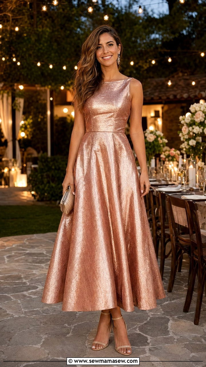 Rose Gold Metallic A Line Evening Gown - 30 Wedding guest outfit ideas evening gown