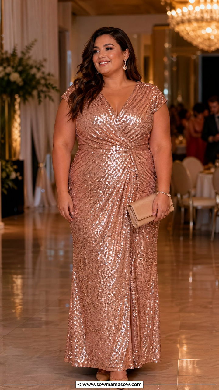 Rose Gold Sequin Plus Size Wedding Guest Gown - 35 wedding guest outfits for plus size women