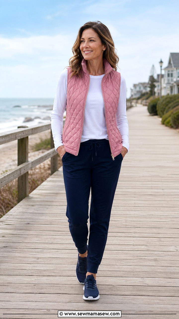 Rose Pink Vest With Navy Joggers - 30 Athleisure outfit ideas for women over 40