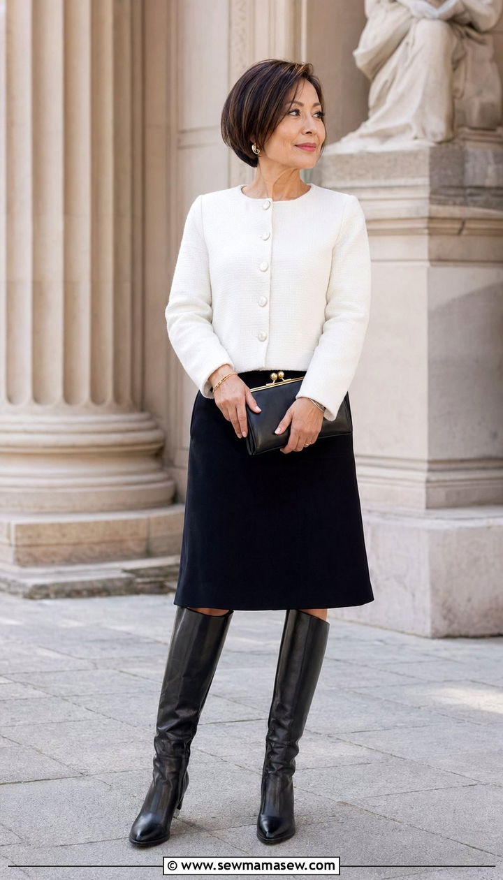 Round Neck Jacket With Black Skirt - 35 Petite outfit ideas for women over 40