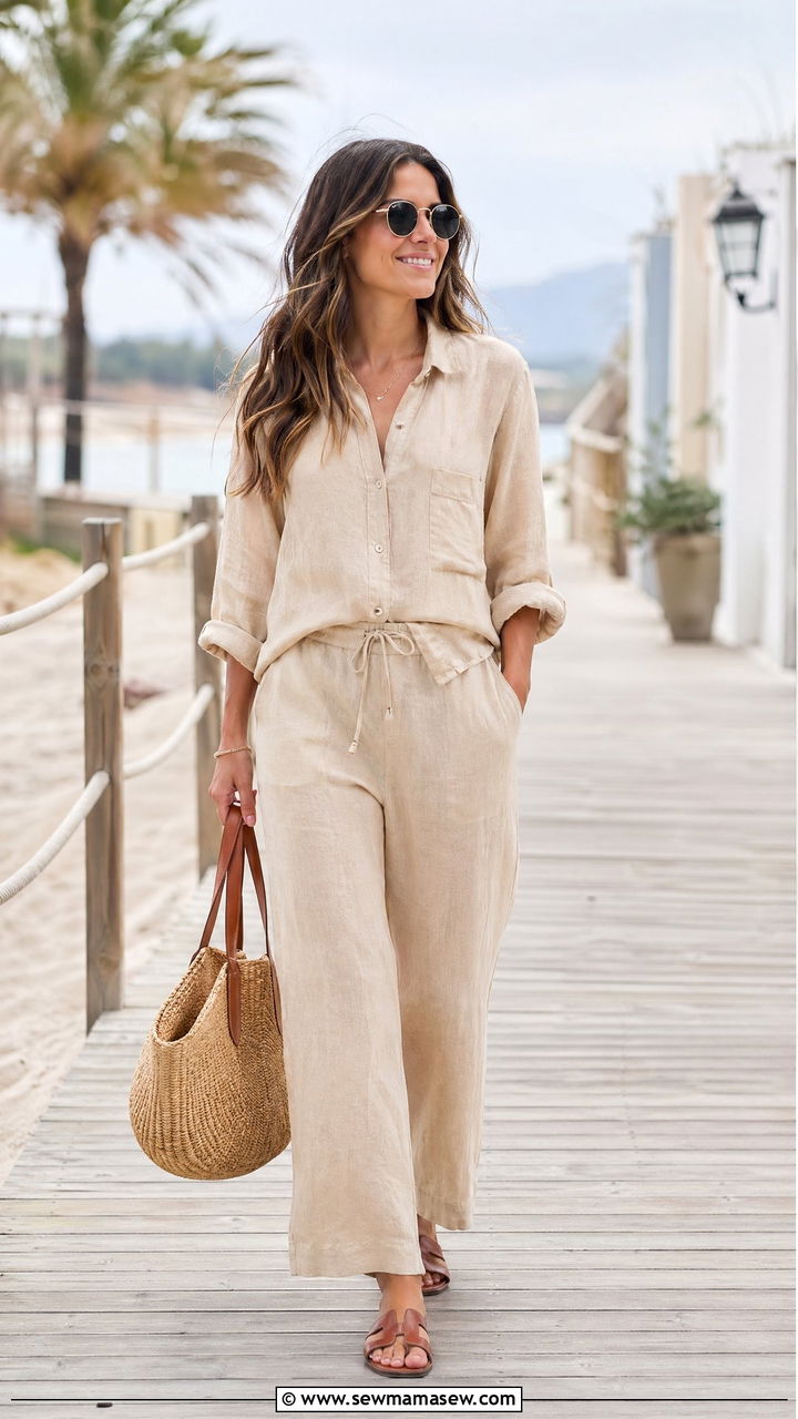 Round sunglasses with linen matching set - 35 Sunglasses outfit ideas