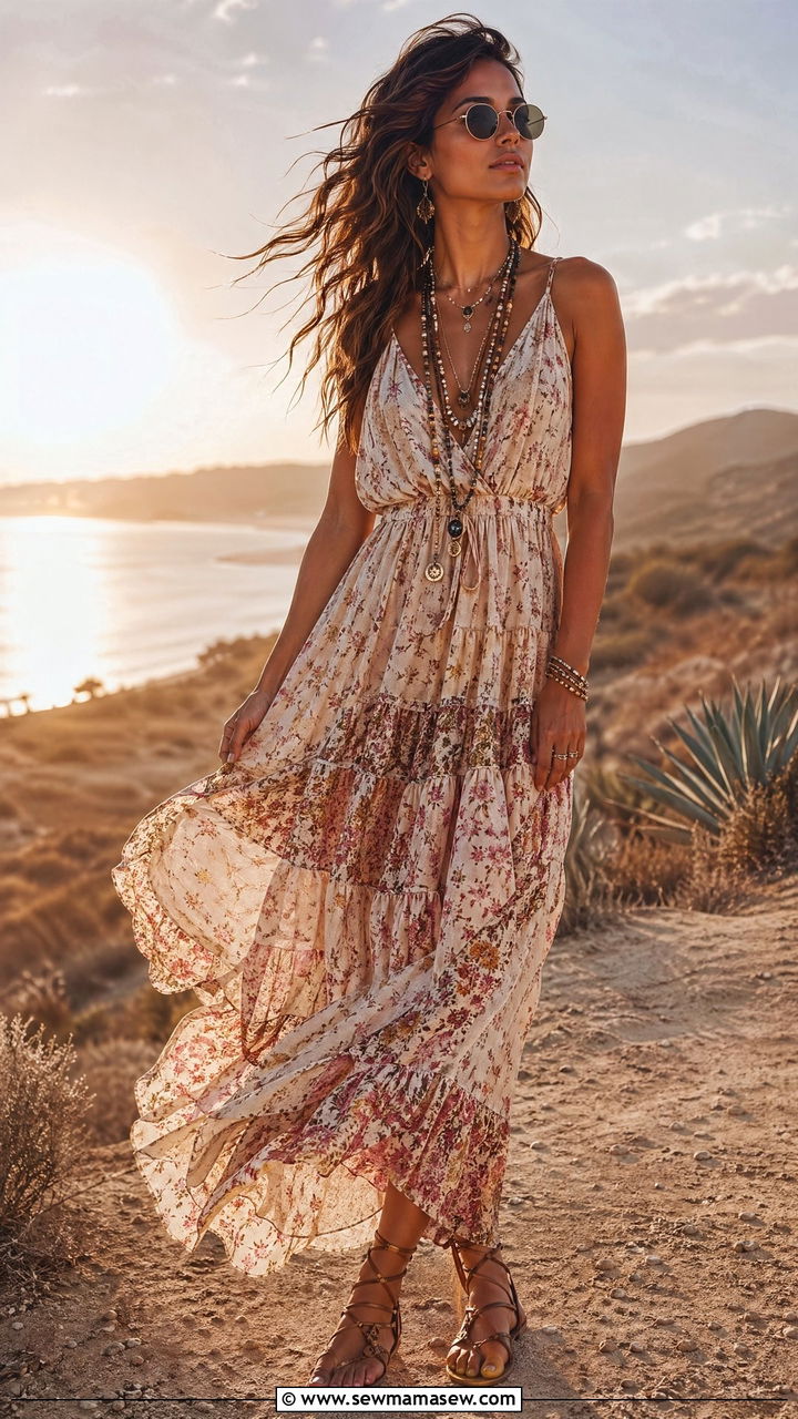 Round wire sunglasses with bohemian dress - 35 Sunglasses outfit ideas