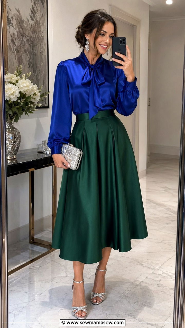Royal Blue Blouse with Emerald Green Midi Skirt - 30 Blue and green outfit ideas