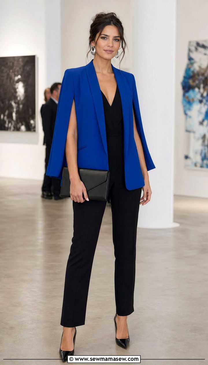 Royal Blue Cape Blazer With Black Jumpsuit - 35 Royal blue outfit ideas