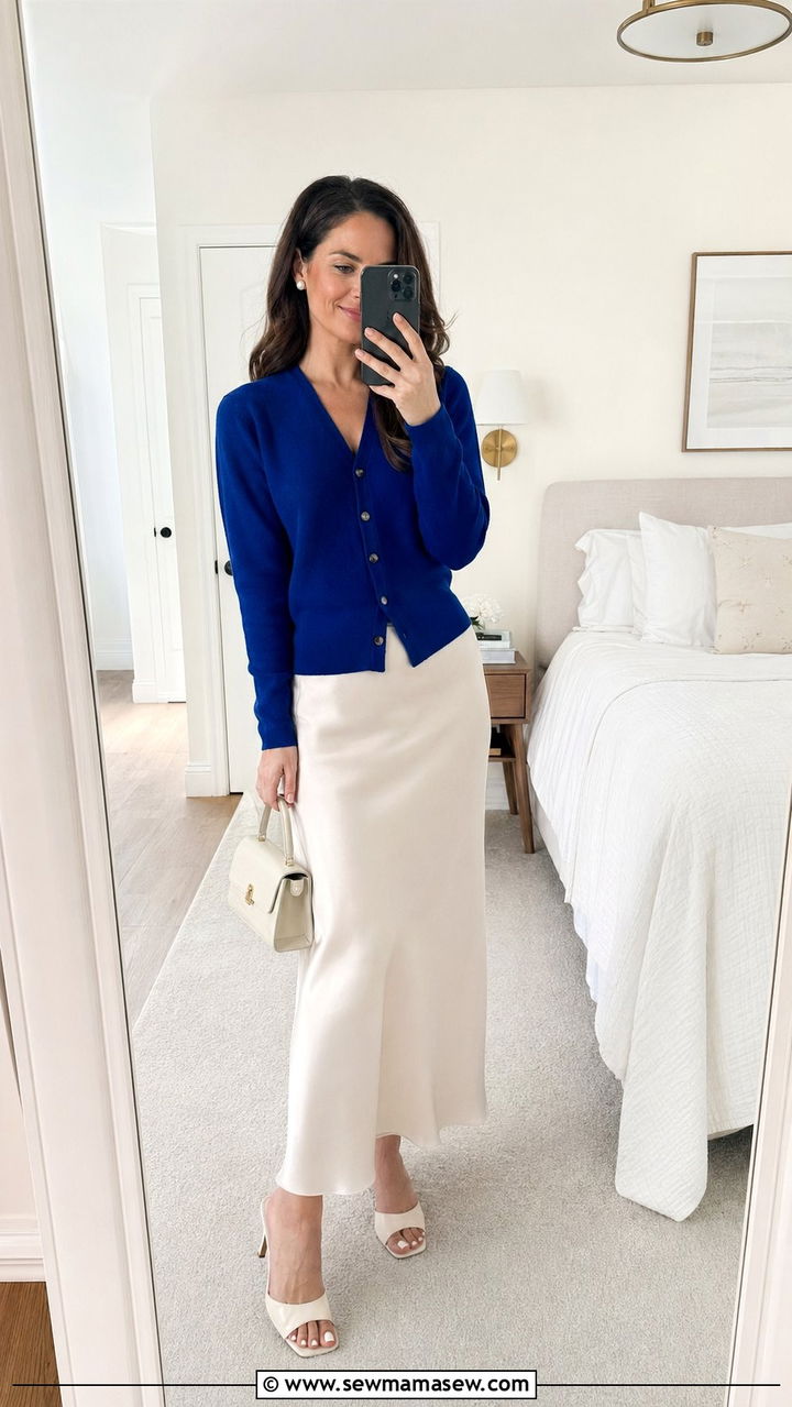 Royal Blue Cardigan With Ivory Slip Skirt - 35 Royal blue outfit ideas