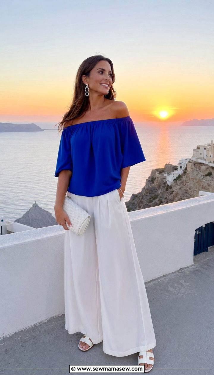 Royal Blue Off Shoulder Top With White Wide Leg Pants - 35 Royal blue outfit ideas