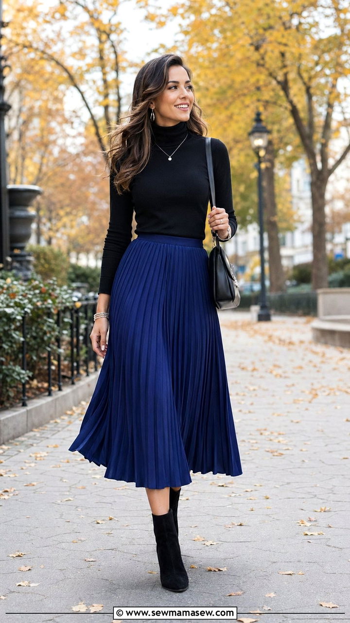 Royal Blue Pleated Midi Skirt With Black Turtleneck - 35 Royal blue outfit ideas