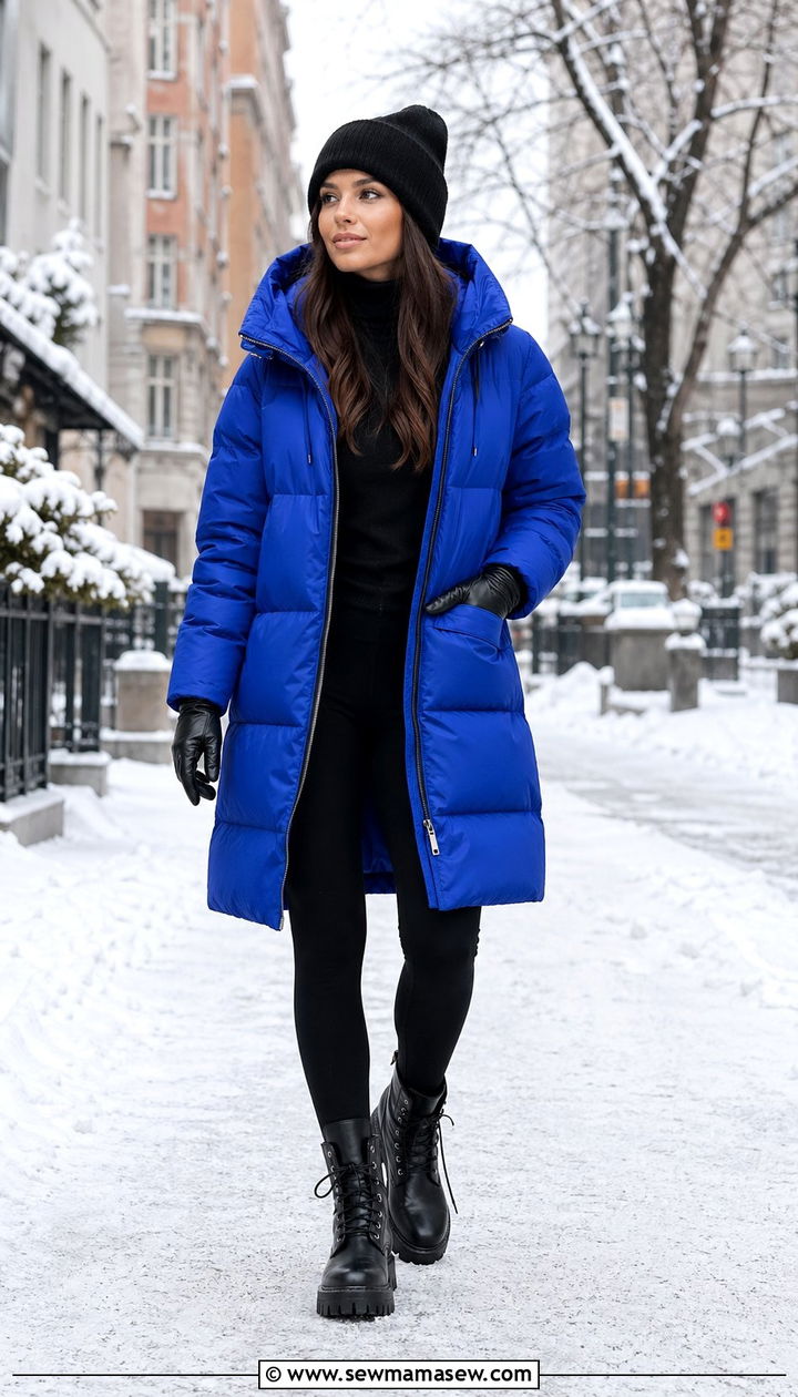 Royal Blue Puffer Coat With Black Leggings - 35 Royal blue outfit ideas