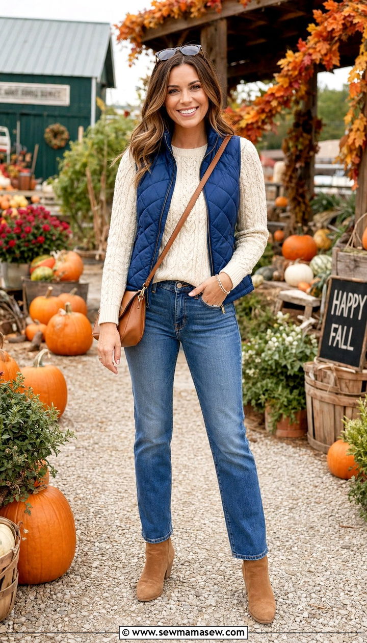 Royal Blue Puffer Vest With Cream Sweater And Jeans - 35 Royal blue outfit ideas