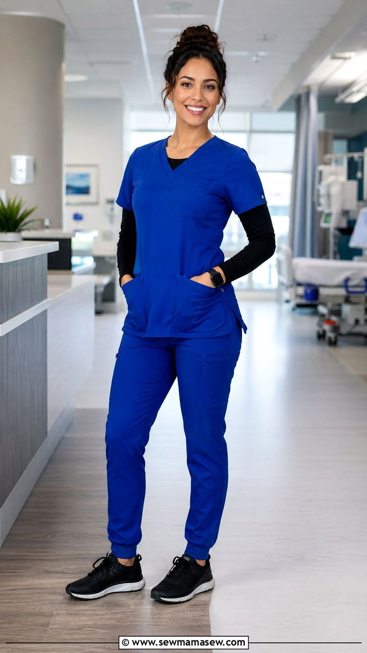 Royal Blue Scrubs with Long Sleeve Undershirt - 35 Scrubs outfit ideas