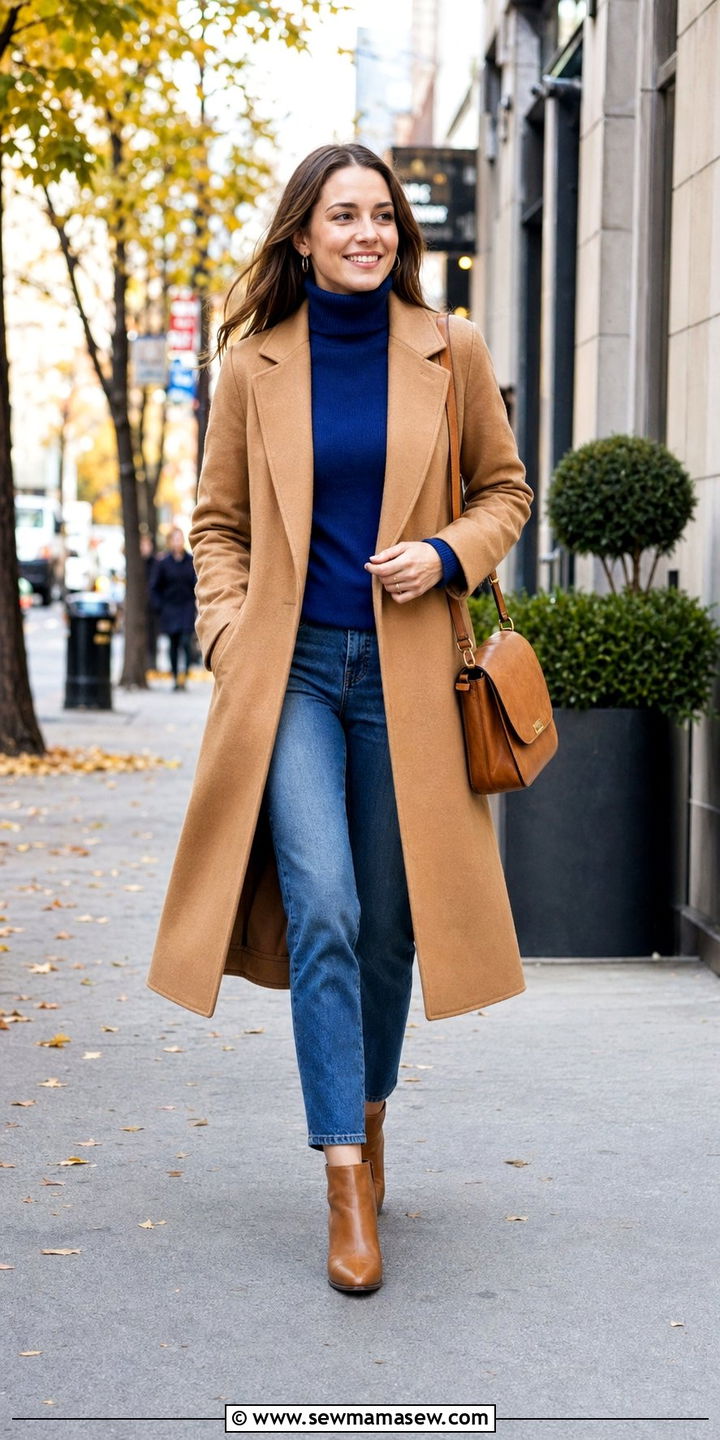 Royal Blue Turtleneck With Camel Coat And Blue Jeans - 35 Royal blue outfit ideas