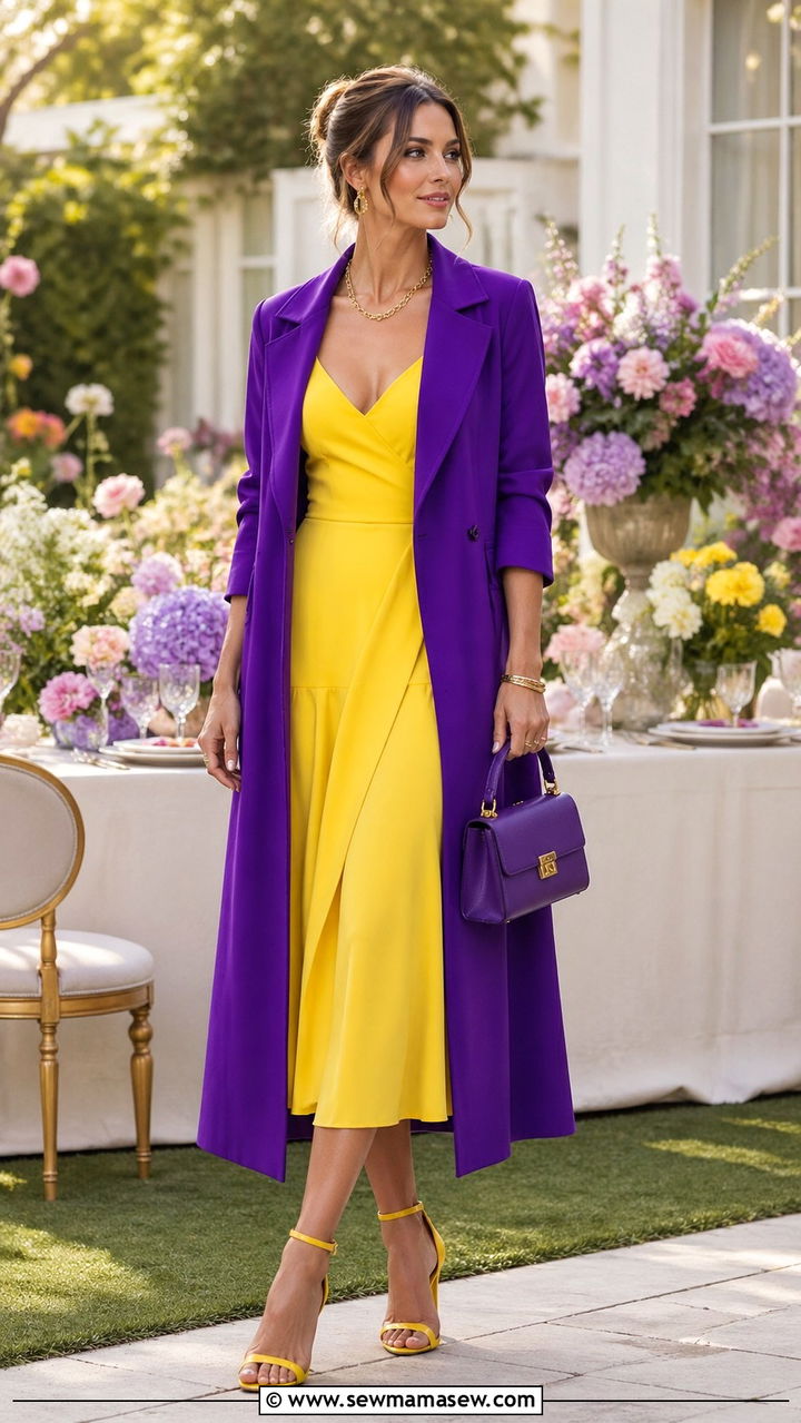 Royal Purple Coat with Canary Yellow Midi Dress - 30 spring color blocking outfit ideas